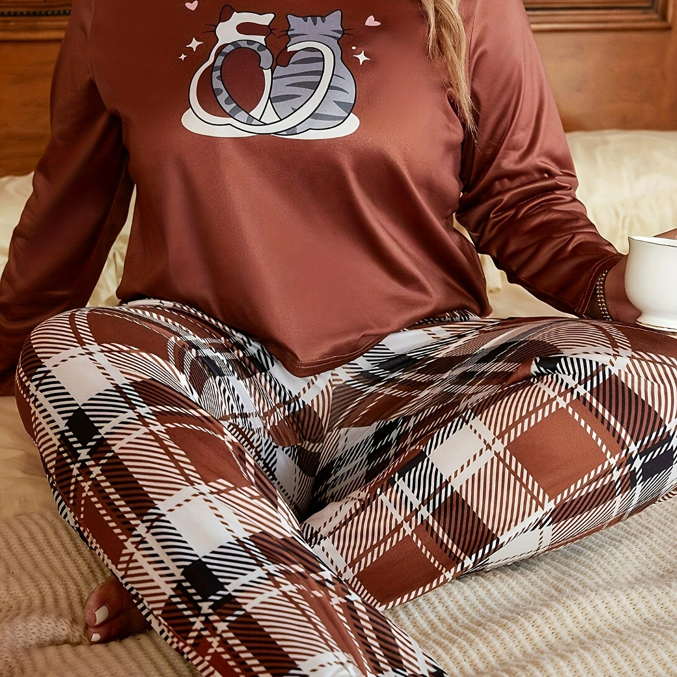 Cat Print Tee & Plaid Pants Lounge Set