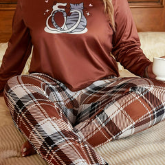 Cat Print Tee & Plaid Pants Lounge Set
