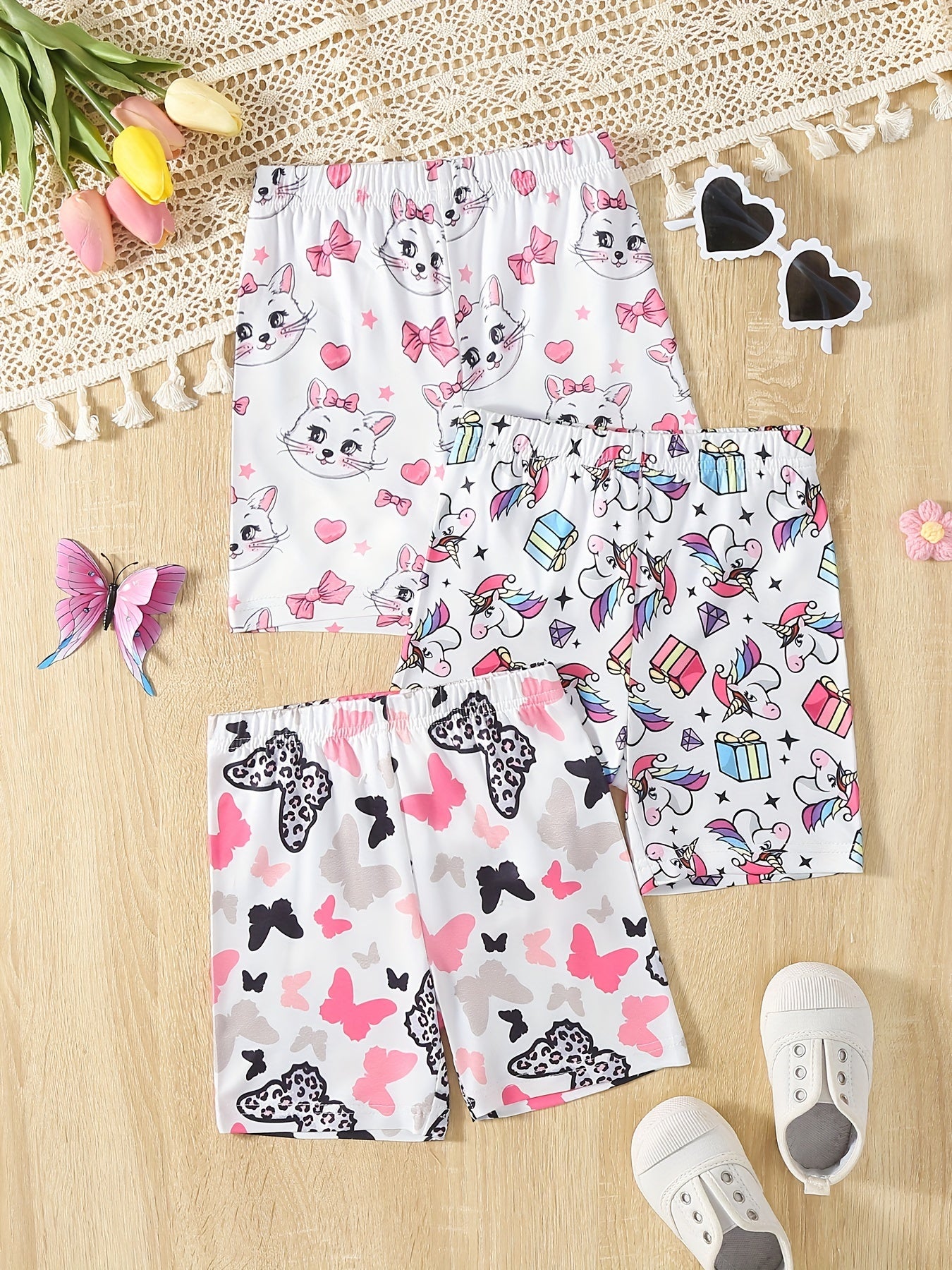 3pcs Girls' Bike Shorts with Cartoon Print Regular Fit Comfy Shorts