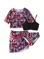 Girls Graffiti Print Swimsuit Set for Hawaii Vacation