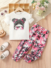 Girl's Sunglasses Print T-shirt & Pants Set for Summer