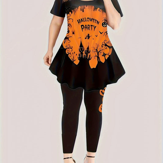 Halloween Gothic Outfits Set Women's Plus Pumpkin & Bat Print