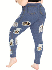 Denim & Leopard Print High Rise Fitness Leggings