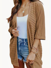 Ribbed Knit Cardigan 3/4 Sleeve Sweater