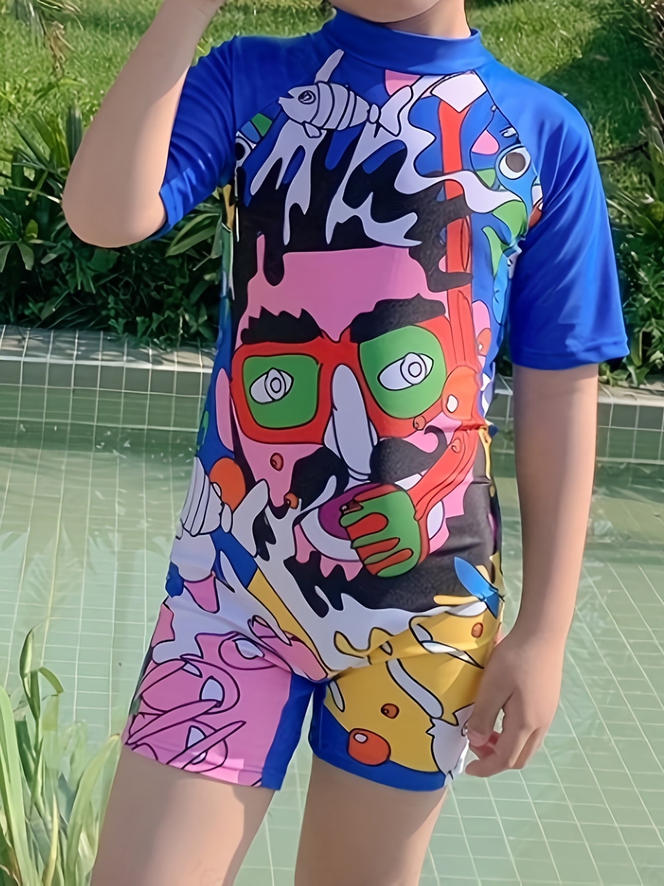 Abstract Art Printed Short Sleeve Swimsuit for Boys