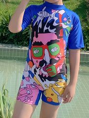 Abstract Art Printed Short Sleeve Swimsuit for Boys