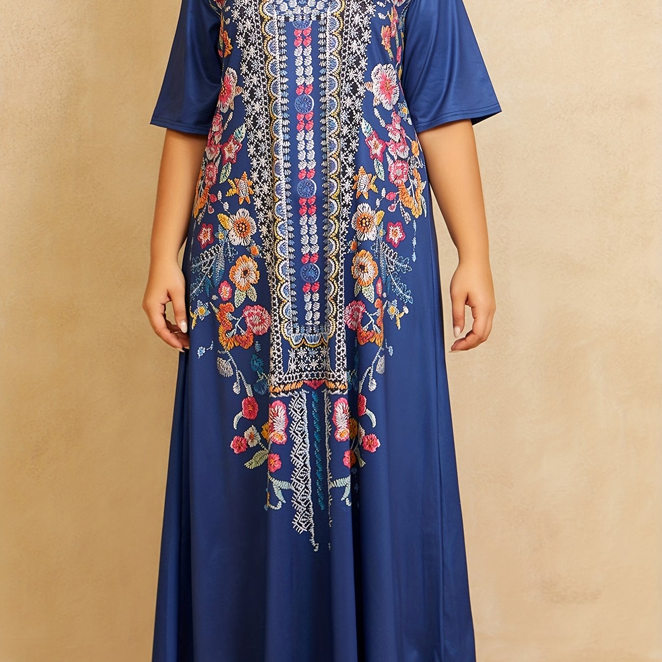Boho Dress Women's Plus Border Floral Print V Neck Maxi Dress
