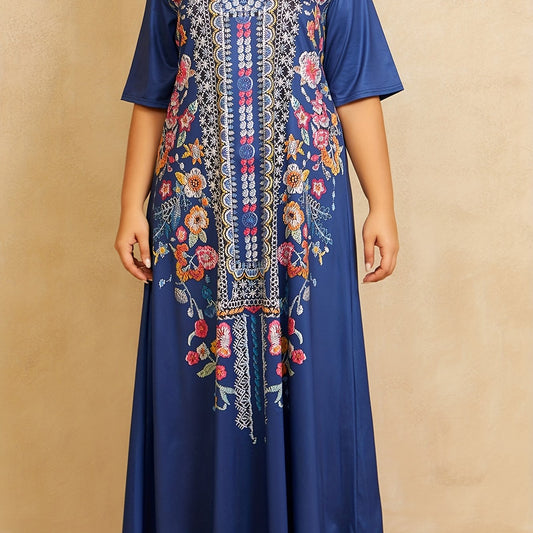 Boho Dress Women's Plus Border Floral Print V Neck Maxi Dress