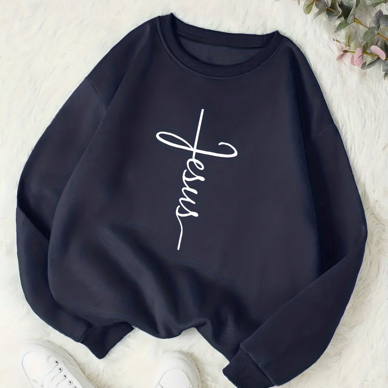 Jesus Print Crew Neck Sweatshirt Women's Clothing