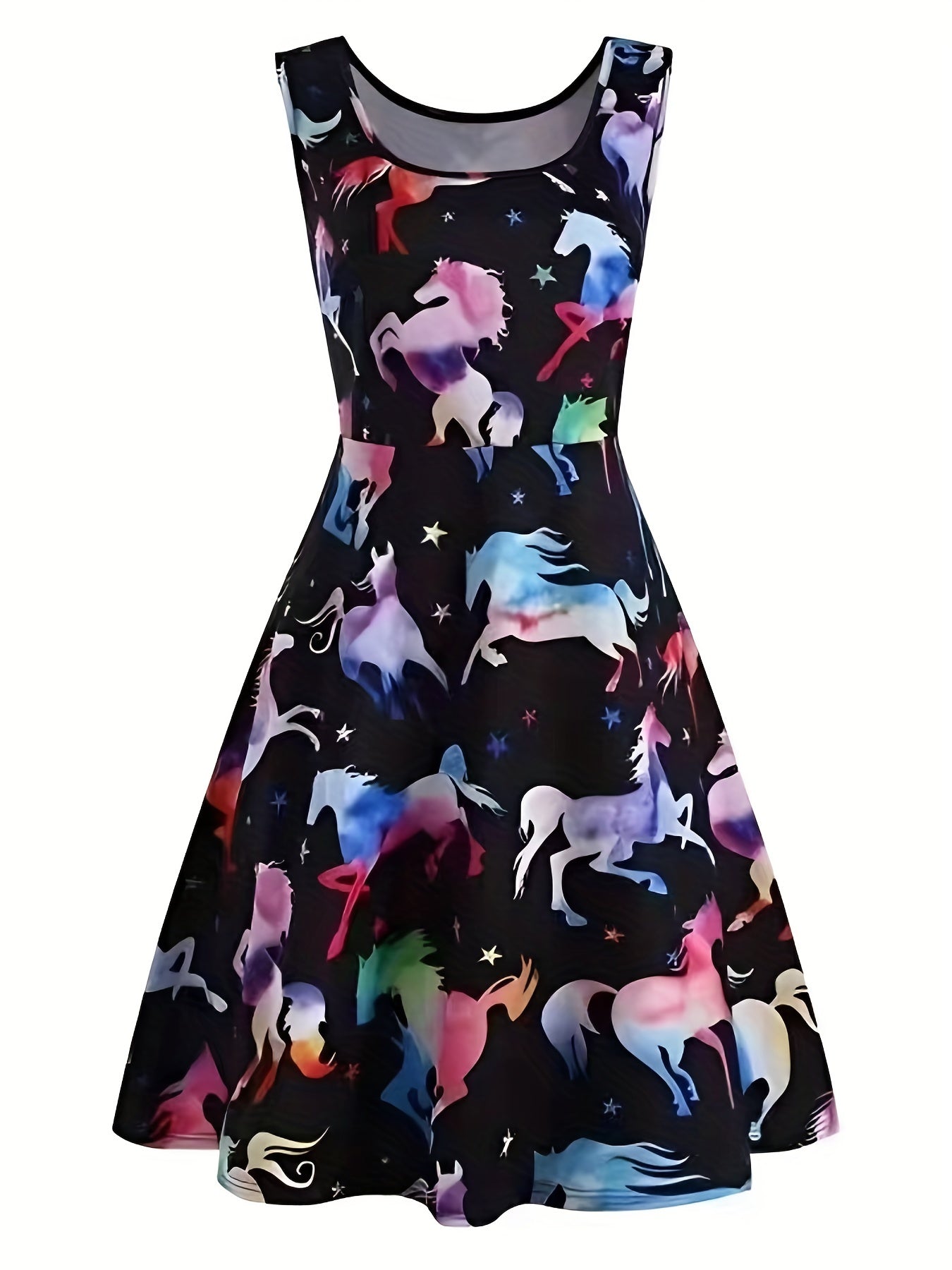 Tank Dress Ombre Horse & Star Print Round Neck A line