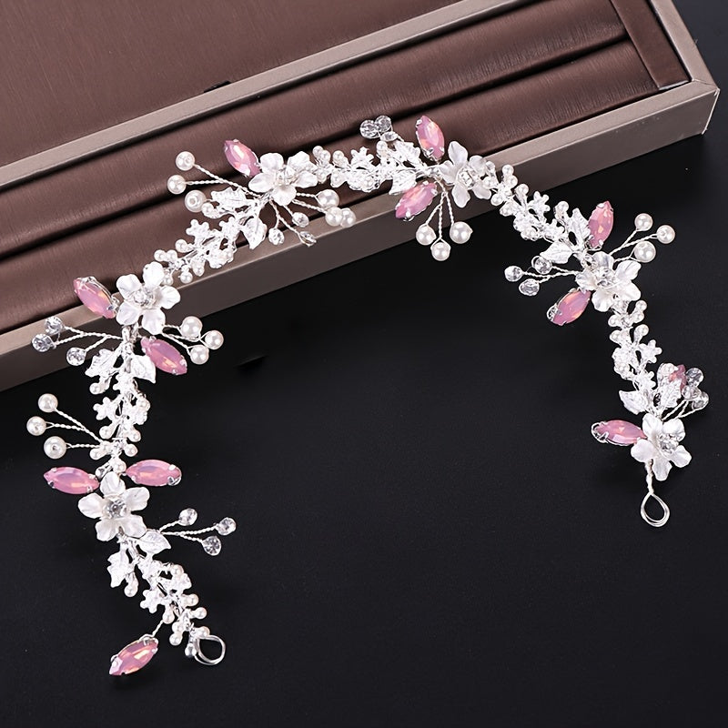 Rose Golden Flower Headband Wedding Faux Pearl Rhinestone Hairband