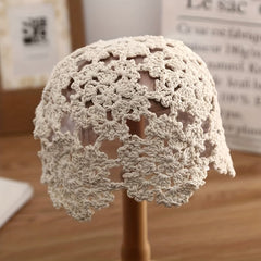 Flower Hollow Crochet Beanie Cloche Hat Elastic Knit Solid Skull Cap