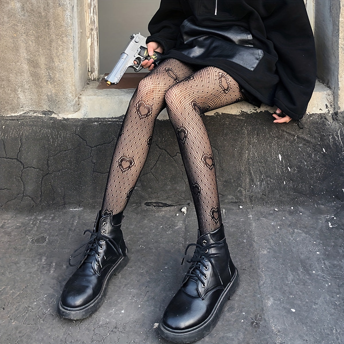 Heart Print Fishnet Tights Sexy High Waist Mesh Pantyhose