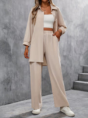 2-Piece Solid Button Up Blouse & Wide Leg Pants Set