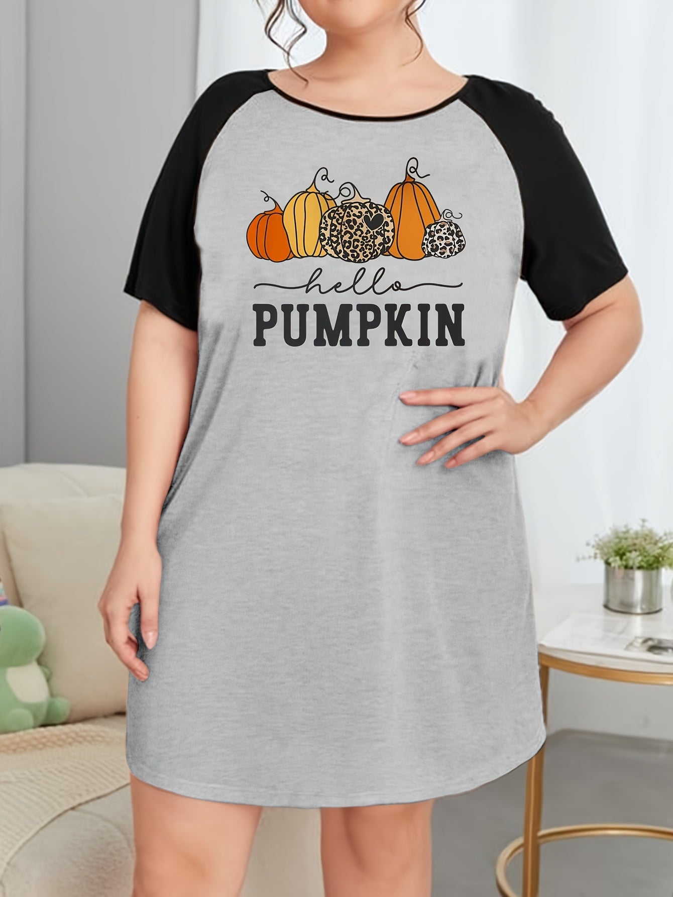 Leopard Pumpkin & Letter Print Raglan Sleeve Tee Dress