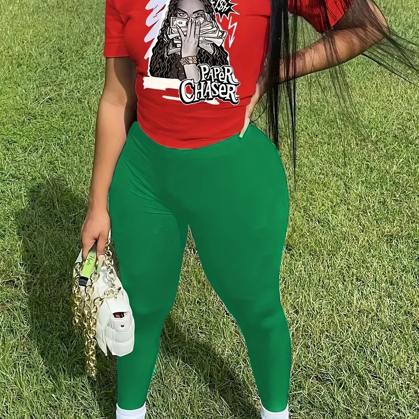 Figure Print Short Sleeve Tops & Solid Long Length Pants Outfit