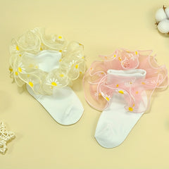 2 Pairs Girls Kids Sun Flower Lace Ruffled Soft Elastic Socks
