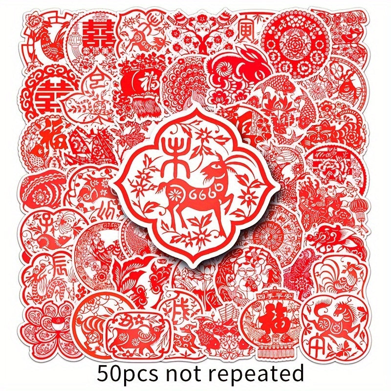 50pcs Chinese Year Paper Cutting Sticker Fu Stickers Spring Party Decoration