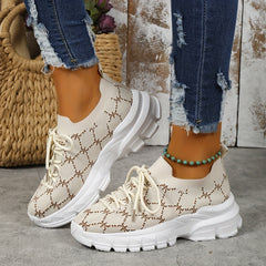 Women's Geometric Pattern Lace Up Sneakers Breathable Knit Chunky Shoes
