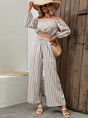 Striped Off Shoulder Crop Tops & Wide Leg Pants Set