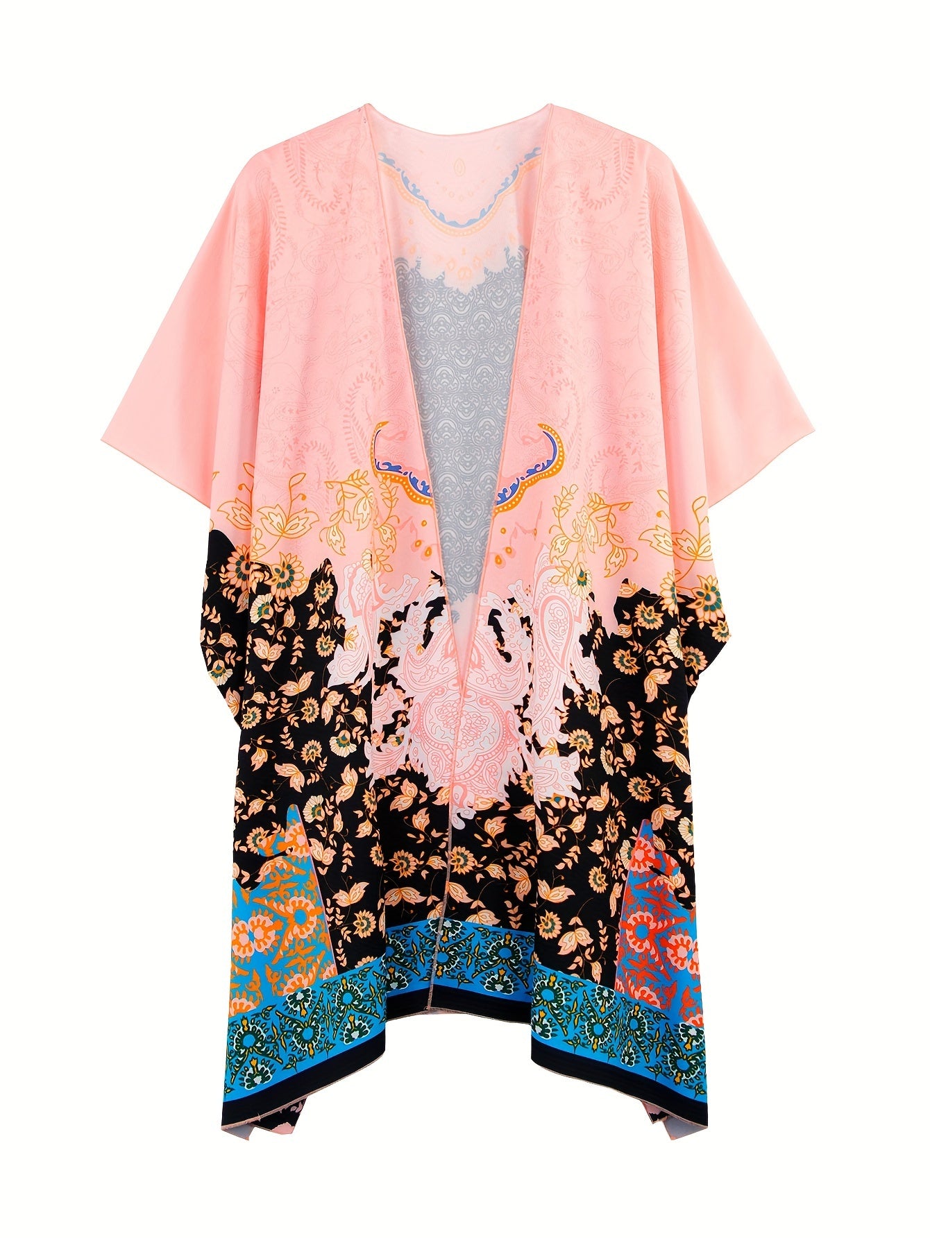 Boho Cover Up Women's Plus Floral Print Batwing Sleeve Open Front