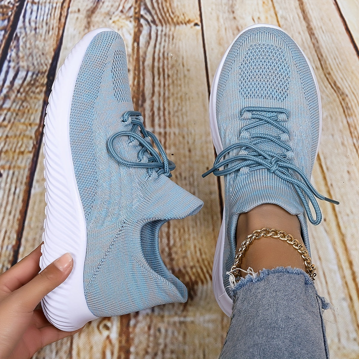 Women's Breathable Knit Sneakers Closed Toe Lace Up Shoes Lightweight