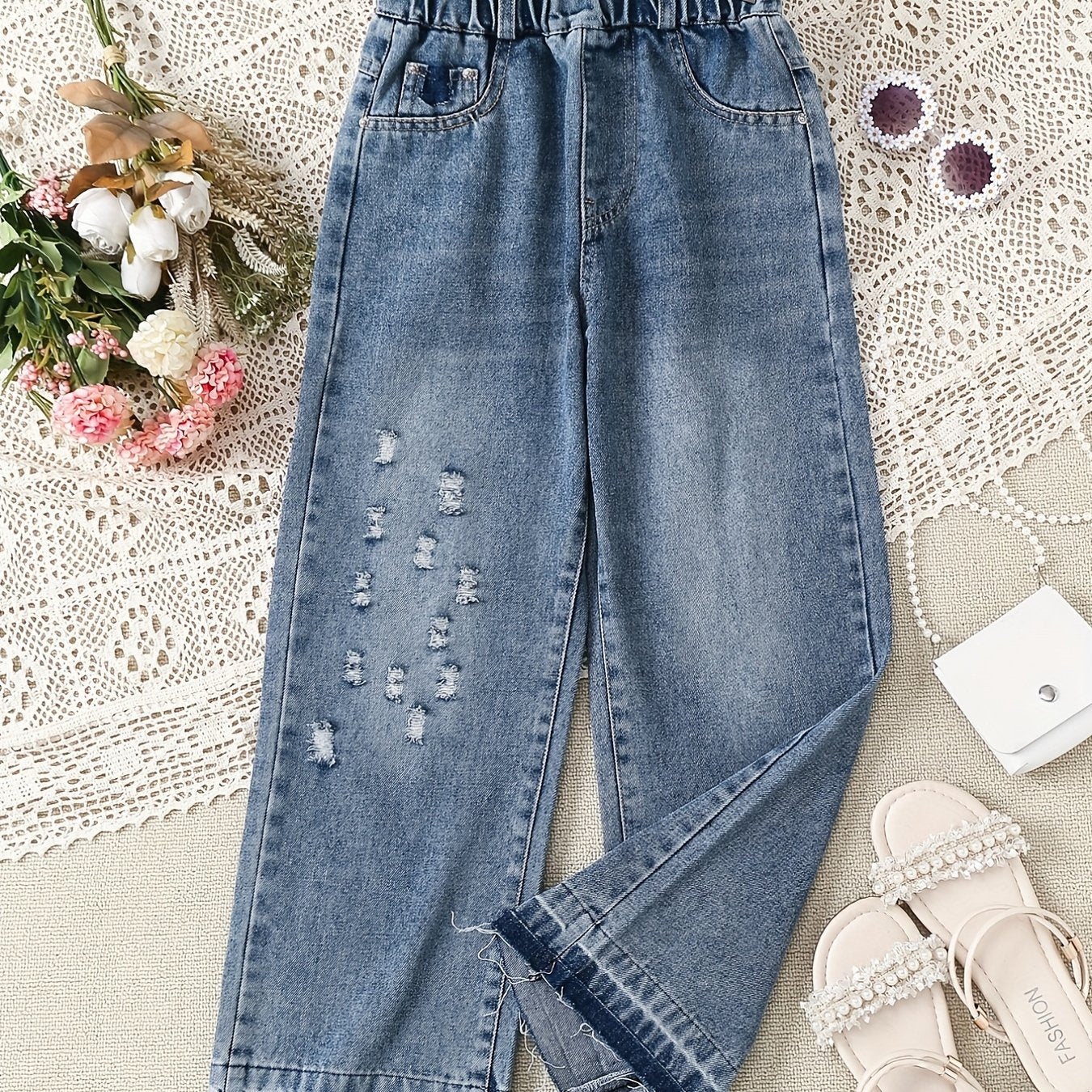Girls' High Waist Ripped Jeans Straight Leg Denim Pants