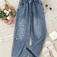 Girls' High Waist Ripped Jeans Straight Leg Denim Pants