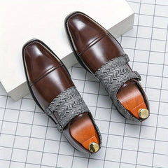 Men's Double Monk Strap Slip On Loafers Herringbone Pattern Loafers