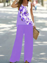 Floral Print Block Top & Solid Wide Leg Pants Set