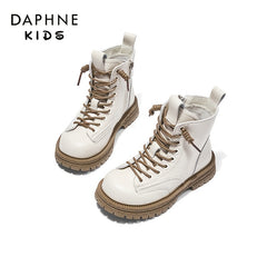 DAPHNE Girls Winter Fleece Boots Lace Up Leather Ankle Boots