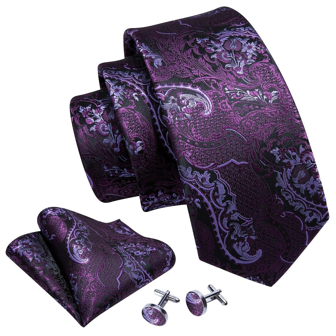 Barry Wang Men's Purple Paisley Floral Necktie Set