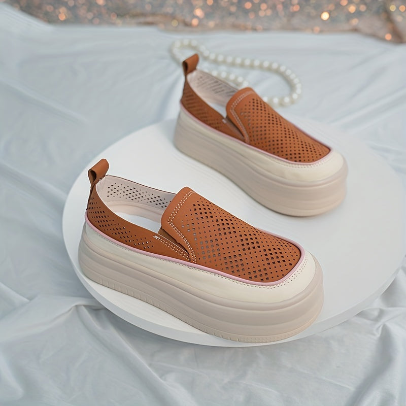 Women's Platform Loafers Hollow Out Breathable Slip On Shoes