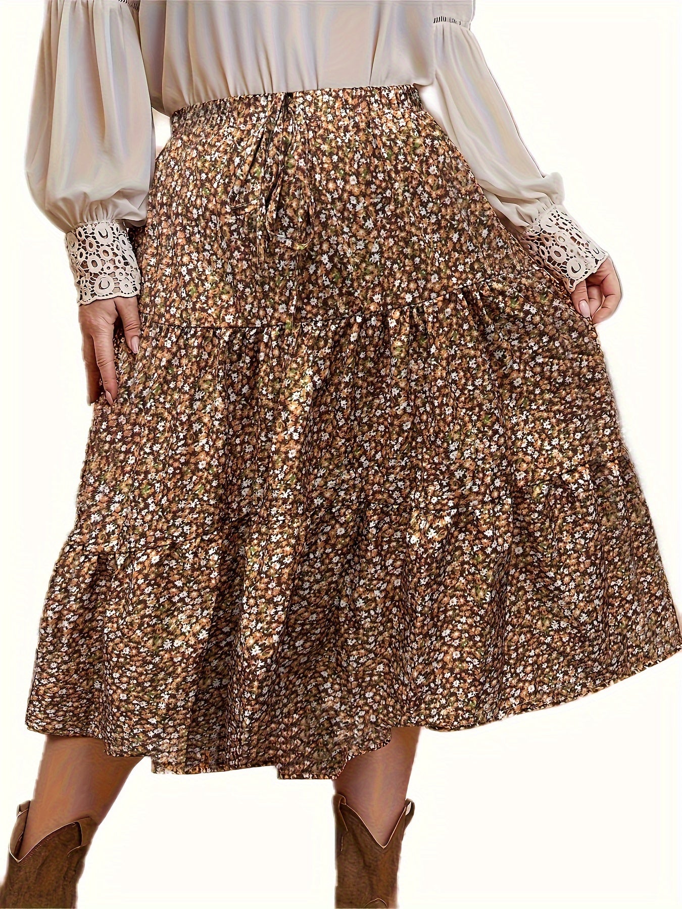 Boho Skirt Women's Plus Allover Ditsy Print Midi Smock Skirt