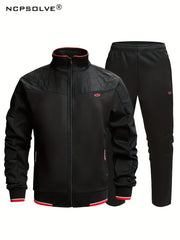Men's Sports Suit Classic Stand Collar Jacket & Stretch Waist Pants