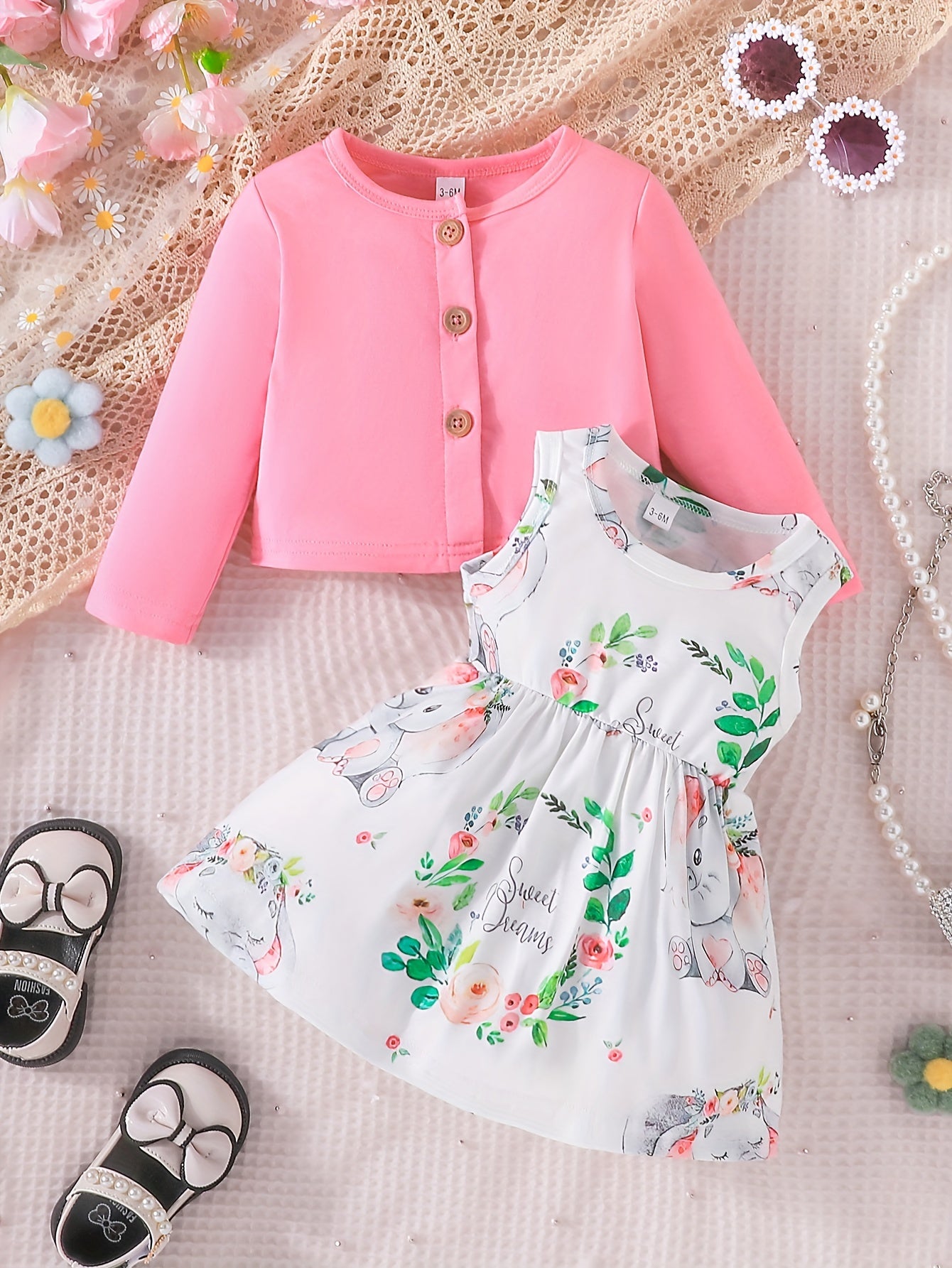 2pcs Baby Girls Cardigan & Elephant Dress Set