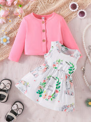 2pcs Baby Girls Cardigan & Elephant Dress Set
