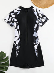 Short Sleeve Round Neck Swimsuit Half Zipper Surfing Water Sports Bathing Suit