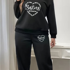 Women's Plus Heart & Slogan Print Fleece Sweatshirt & Jogger Set