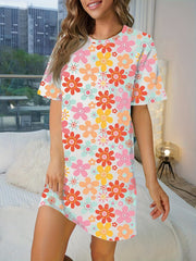 Floral Print NightDress Short Sleeve Crew Neck Pajama