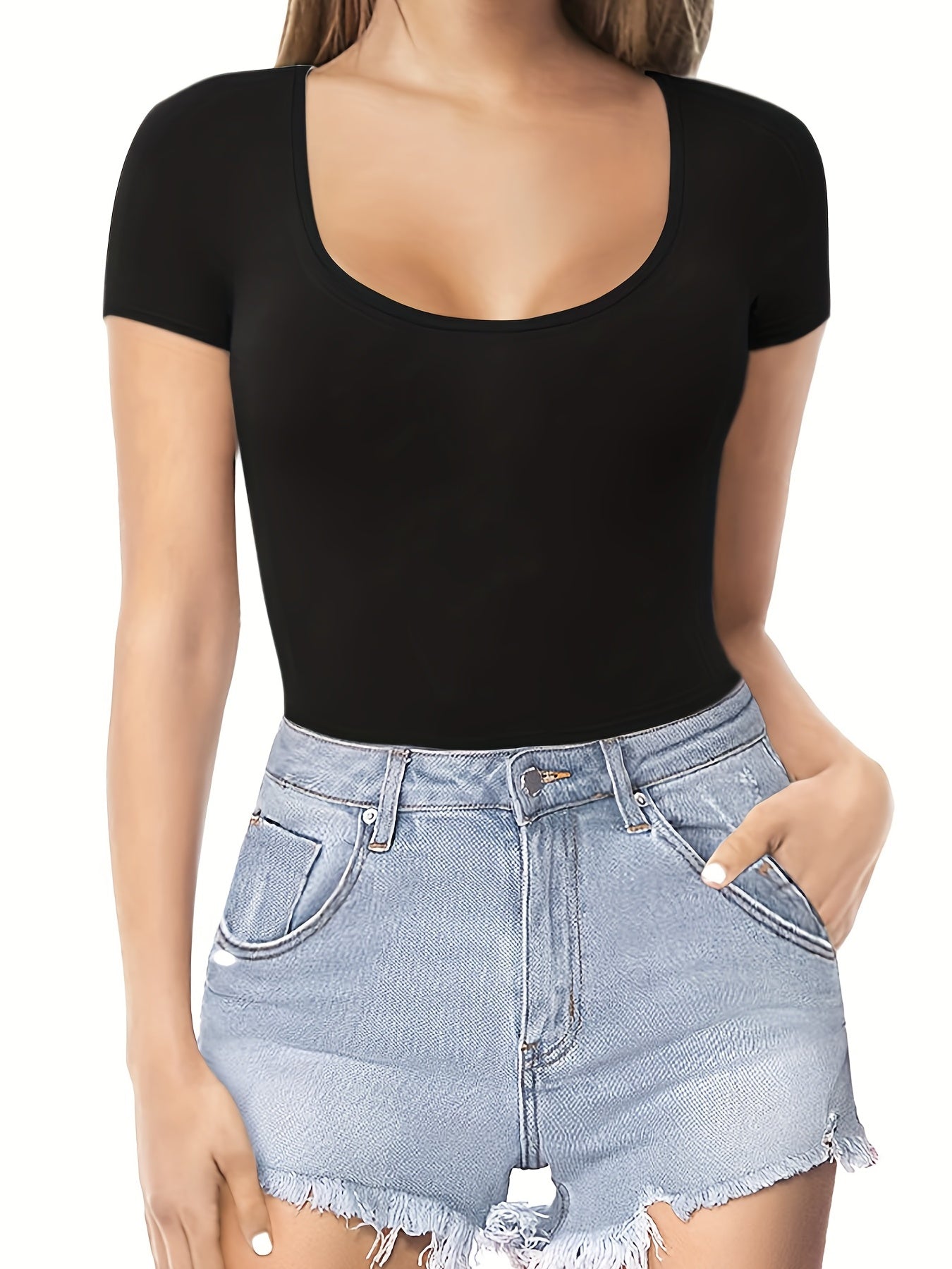 Solid Scoop Neck Bodysuit Short Sleeve Summer Women