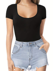 Solid Scoop Neck Bodysuit Short Sleeve Summer Women