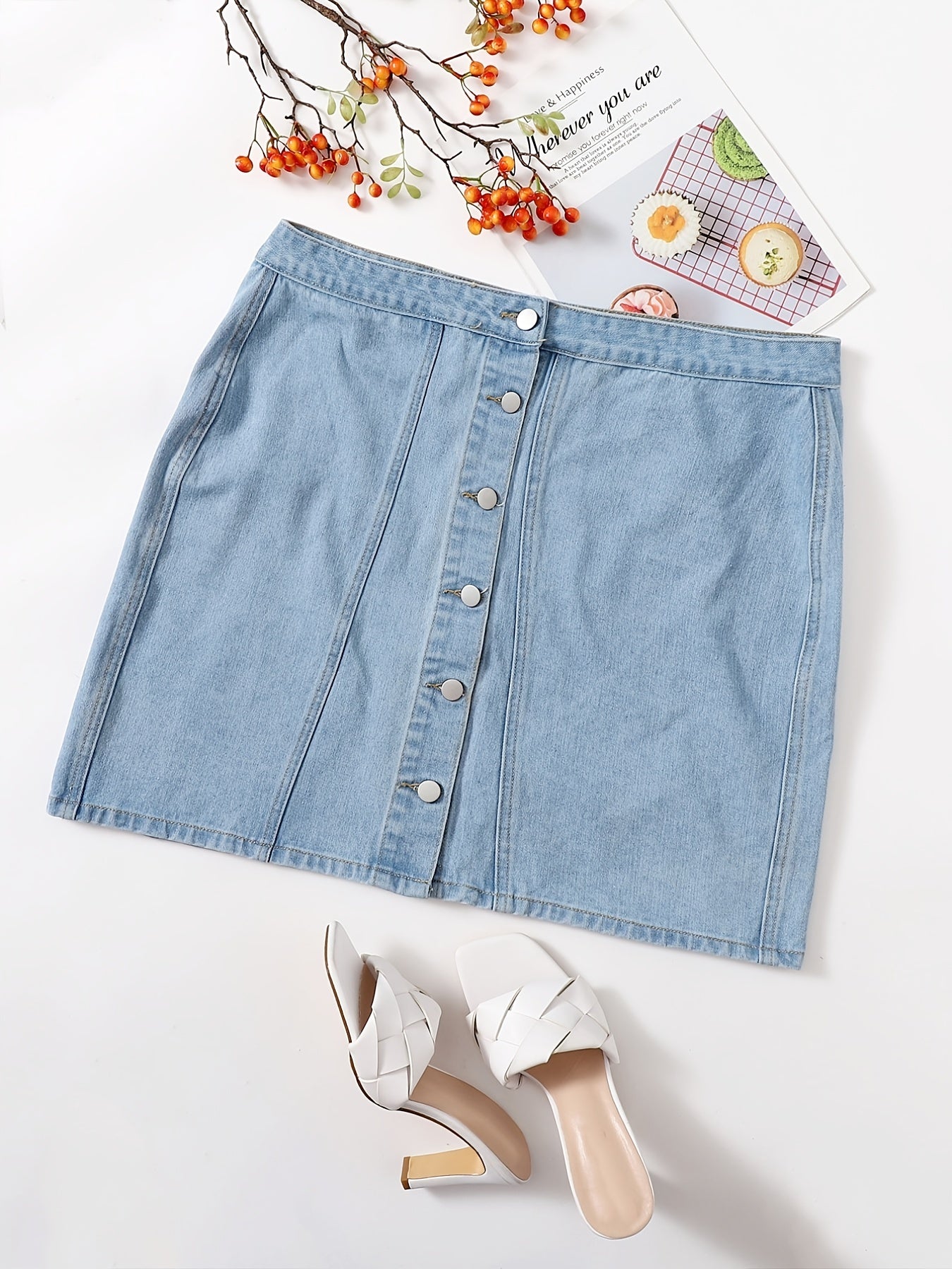 Button Front Mini Denim Skirt Women's Plus Solid Mini Denim Skirt