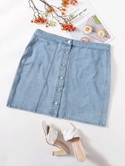 Button Front Mini Denim Skirt Women's Plus Solid Mini Denim Skirt