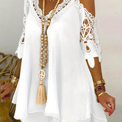 Cold Shoulder Lace Panel V Neck Dress