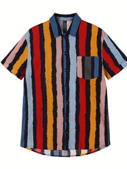 Men's Striped Hawaiian Shirt Button Up Short Sleeve