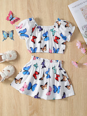 2pcs Girls Butterfly Print Bardot Top & Skirt Set