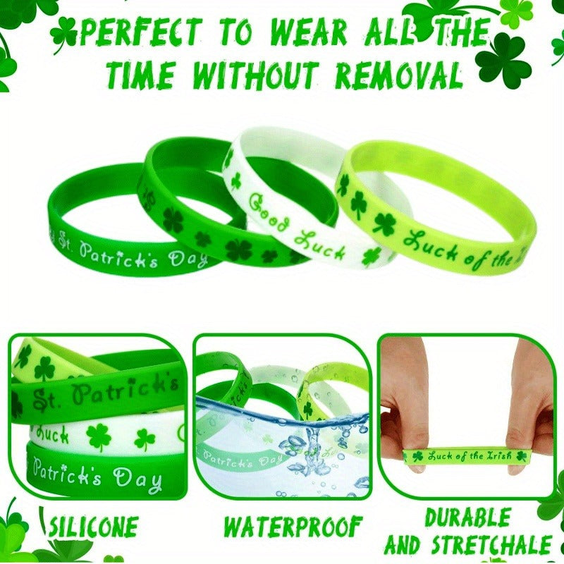 12pcs St Patrick's Rubber Wristbands - Lucky Shamrock Bracelets