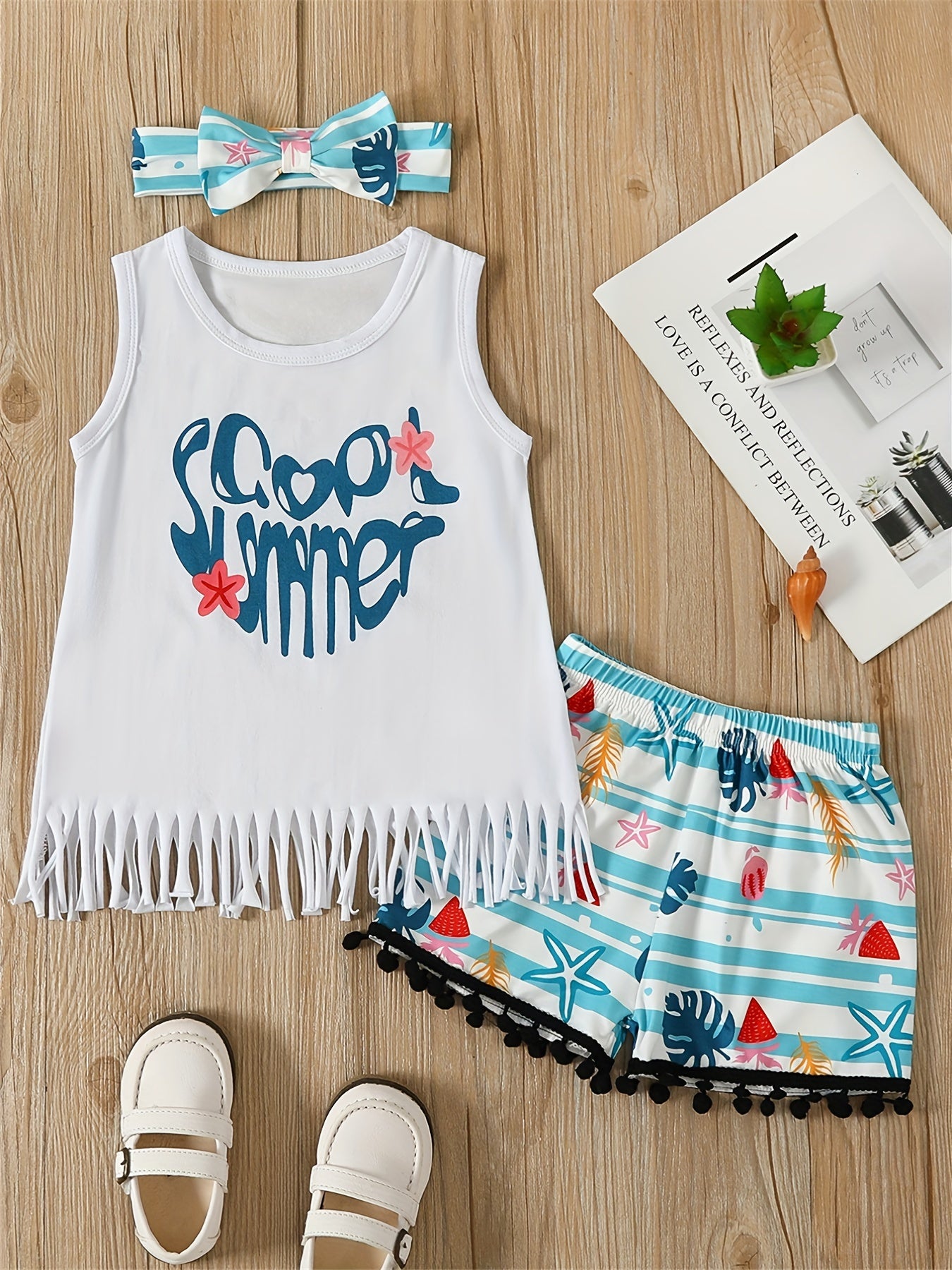 Girls Tassel Tank Top & Striped Leaves Shorts Set