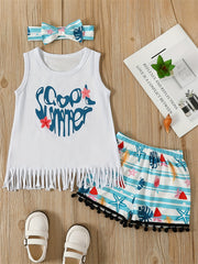 Girls Tassel Tank Top & Striped Leaves Shorts Set